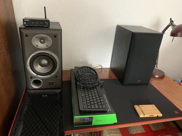 студийный конденсаторный микрофон: Акустическая система JBL с двумя динамиками, выполненная в корпусе из