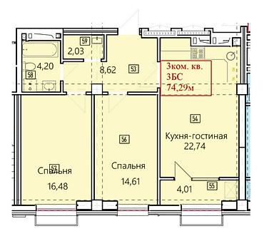 15: 3 комнаты, 74 м², Асанбай мкр Элитка, 15 этаж, ПСО (под самоотделку) — 2