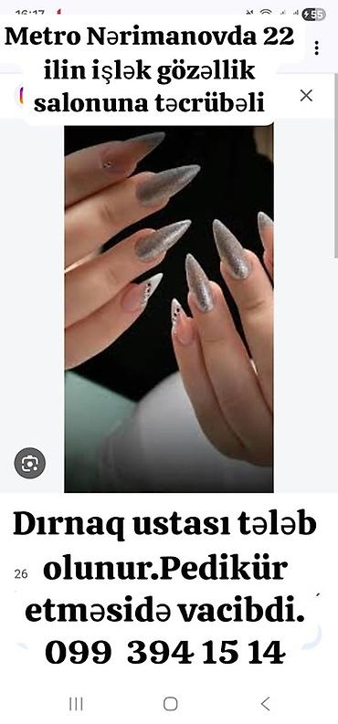 Dırnaq ustası tələb olunur, Yerin icarəsi, 3-5 illik təcrübə, Materialların təqdim olunması lalafo.az -da Dırnaq ustası tələb olunur, Yerin icarəsi, 3-5 illik təcrübə, Materialların təqdim olunması