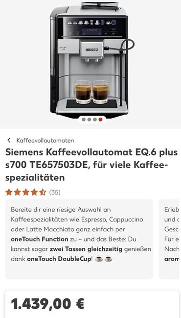 Духовки: Siemens EQ.6 plus s700 TE657503DE tam avtomatik qəhvə aparatı - Bir