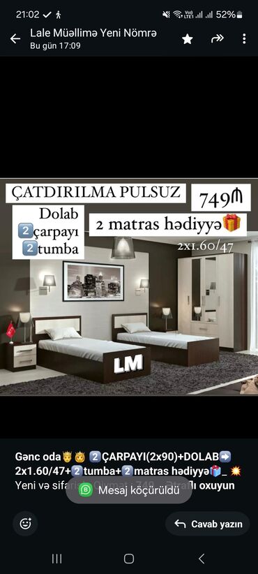 yataq mebel dəstləri: *Gənc oda🤴👸 2️⃣ÇARPAYI(2x90)+DOLAB➡️2x1.60/47+2️⃣tumba+2️⃣matras