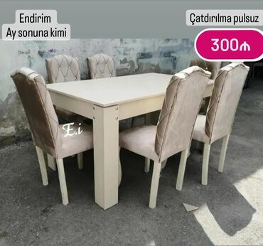 Masa və oturacaq dəstləri: Qonaq otağı üçün, Yeni, Açılmayan, Dördbucaq masa, 6 stul — 6