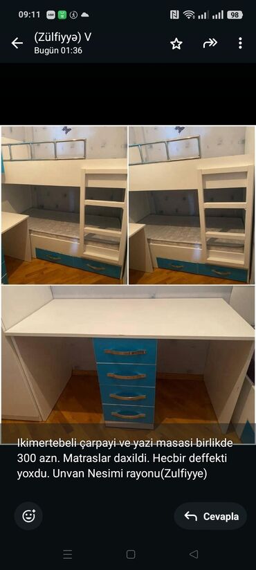 Sifarişlə dolablar: Ikimertebeli çarpayi ve yazi masasi birlikde 300 azn. Matraslar