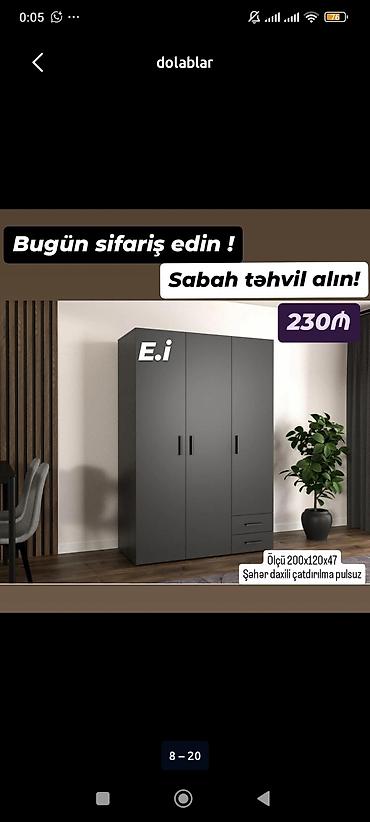 Minimalist dizaynda 3 qapılı şkaf. - Rəng: tünd boz - Ön hissədə 3