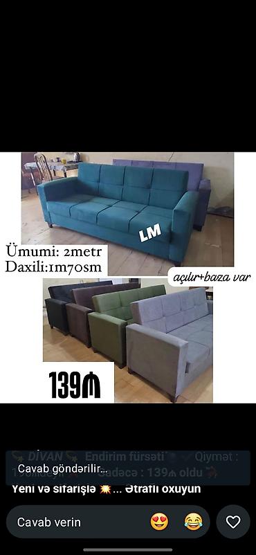 Divanlar: Çevrilən divan – açılır və baza var. Ölçülər: - Ümumi: 2 metr - — 1