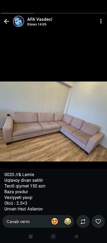 Künc divan, İşlənmiş, Bazasız, Parça lalafo.az -da Künc divan, İşlənmiş, Bazasız, Parça