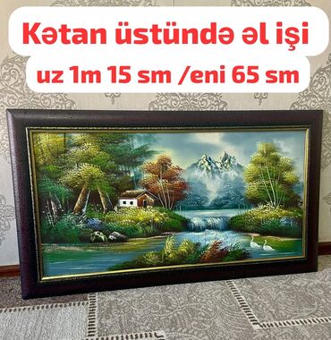 inek sekli: Kətan üzərində əl işi mənzərə rəsm əsəri. Rəsmdə meşə, dağlar, şəlalə