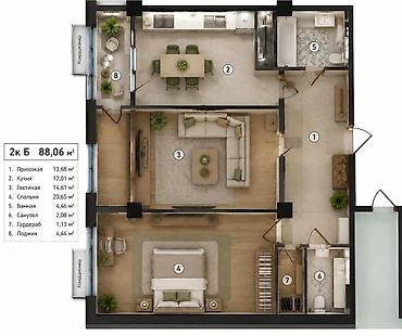 островский: 2 комнаты, 88 м², Городская больница №4 (ул. Айни) Элитка, 4 этаж, ПСО (под самоотделку) — 2
