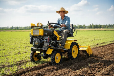 мини пагуришик: Мини-трактор желтого цвета с черными колесами. Предназначен для