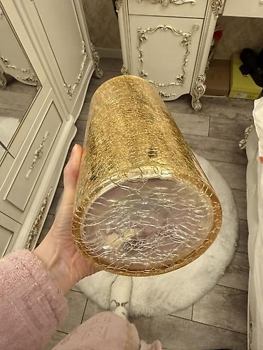 Вазы: Золотистая декоративная ваза-цилиндр из стекла с эффектом «кракле». - — 4
