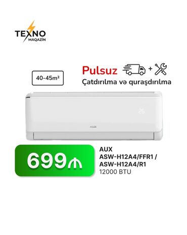 Ventilyatorlar: Kondisioner AUX, 40-45 kv. m, Split sistem, Kredit yoxdur, Pulsuz quraşdırılma