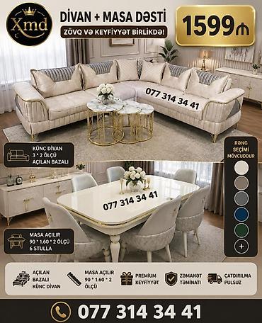 cester divani: DİVAN + MASA DƏSTİ - Künc divan: 3×2 ölçü, açılan bazalı - Masa — 1