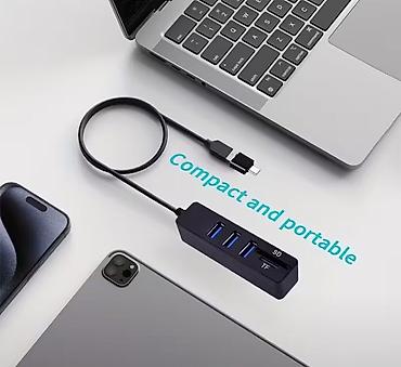yeni hub: USB Hub + Kart Oxuyucu (USB-A bağlantılı, hədiyyə USB-A → USB-C — 6