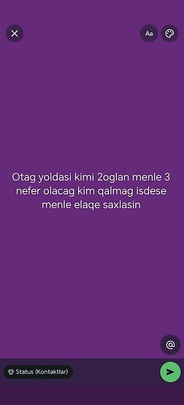 qalmaq sərti ilə is: Otaq yoldaşı axtarılır. - 2 oğlan ilə birlikdə ümumilikdə 3 nəfər — 1