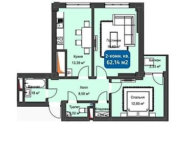 brk group: 2 комнаты, 62 м², Кок-Жар мкр Элитка, 7 этаж, ПСО (под самоотделку) — 2