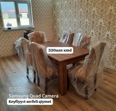 Masa və oturacaq dəstləri: Qonaq otağı üçün, Yeni, Açılmayan, Dördbucaq masa, 6 stul — 1