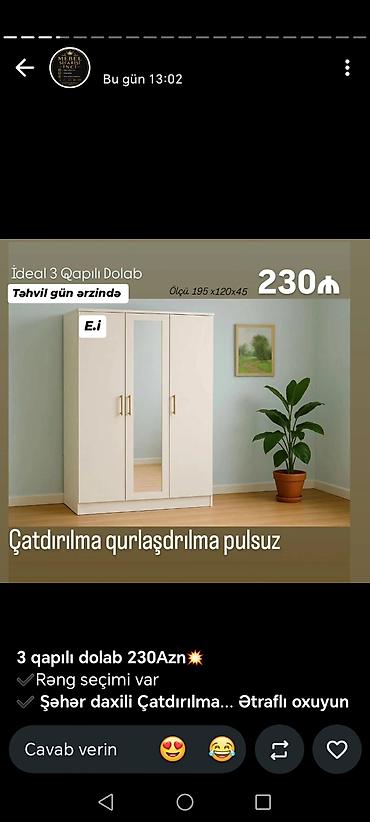 İdeal 3 qapılı dolab - Ölçü: 195 x 120 x 45 sm - Orta qapıda güzgü -
