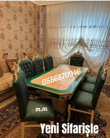 Masa və oturacaq dəstləri: Qonaq otağı üçün, Yeni, Açılmayan, Dördbucaq masa, 6 stul — 24