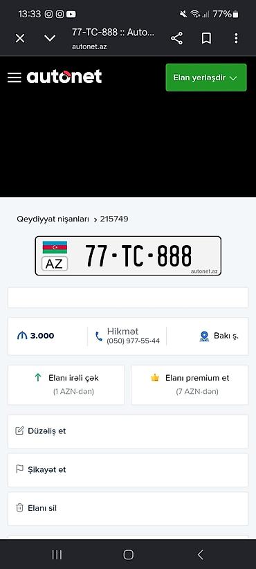 avtomobil aksesuarları: Qeydiyyat nömrə nişanı: 77-TC-888 - Ölkə/standart: AZ (Azerbaycan) - — 1