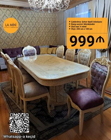 кухонные стулья: Qonaq otağı üçün, Yeni, Açılmayan, Dördbucaq masa, 6 stul