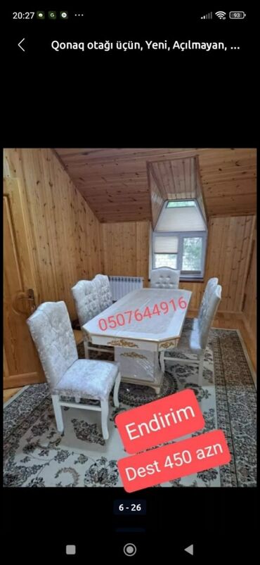 Masa və oturacaq dəstləri: Qonaq otağı üçün, Yeni, Açılmayan, Dördbucaq masa, 6 stul — 4