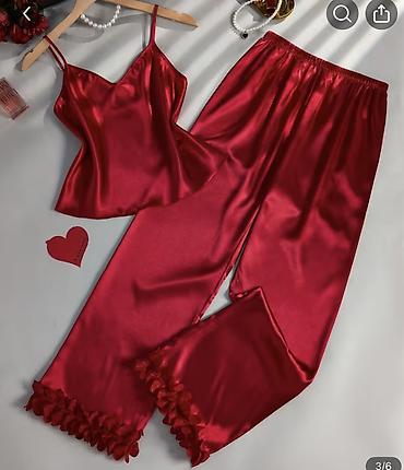 атласные сорочки ночные: Qırmızı satendən qadın pijama dəsti - 2 hissəli dəst: nazik çiyin — 2