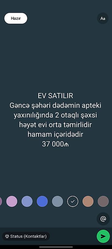 evd: EV SATILIR Mekan: Gəncə şəhəri, “Dədəmin apteki” yaxınlığı Tip: Şəxsi — 1