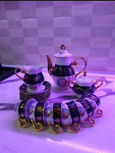Çay dəstləri və servizlər: Çay dəsti, rəng - Göy, Farfor, Madonna, 6 nəfərlik, Çexiya