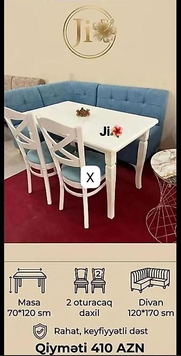 metbex mebili: Mətbəx/qonaq otağı üçün künc dəsti Tərkib: - Masa: 70x120 sm - Divan — 1