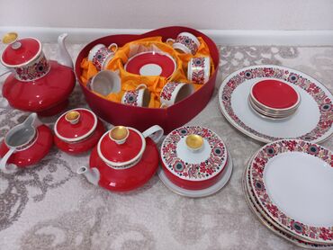 boşqab desti: Çay dəsti, rəng - Qırmızı, Farfor, 6 nəfərlik