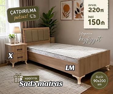 mebiler: Tək nəfərlik taxta çarpayı dəsti - Ölçü: 90x200 sm - Natural taxta — 1