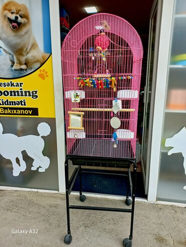 аксессуары для клетки попугая: Parlaq çəhrayı böyük quş qəfəsi - Material: metal barmaqlıqlar