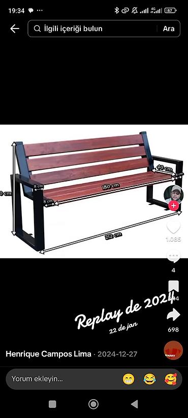 Açıq hava üçün metal-karkaslı taxta skamya - Ölçülər: ümumi uzunluq