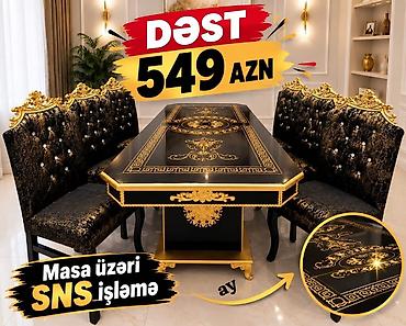 parta satisi: Zövqlü klassik üslubda nahar dəsti. Tərkibi: - 1 ədəd düzbucaqlı masa — 1