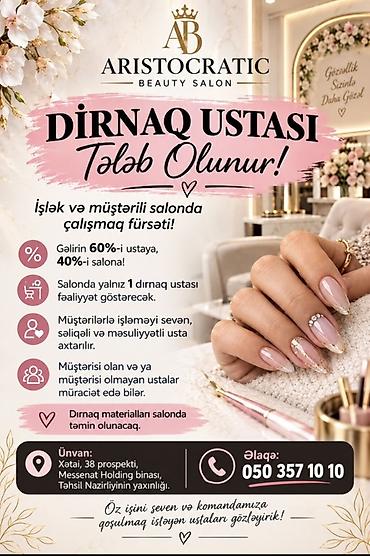 salon elan: Dırnaq ustası tələb olunur, Yerin icarəsi, Materialların təqdim olunması — 1