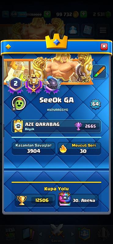 Digər əntiq əşyalar: Clash Royale hesabı: - Kral səviyyəsi: 64 - Daş: 2531 - Rozetlər — 7