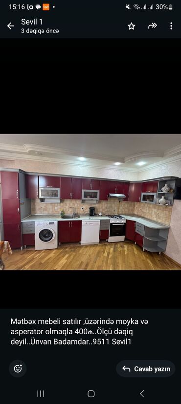 metbext mebili: Mətbəx mebeli satılırüzərində moyka və asperator olmaqla 400₼. Ölçü