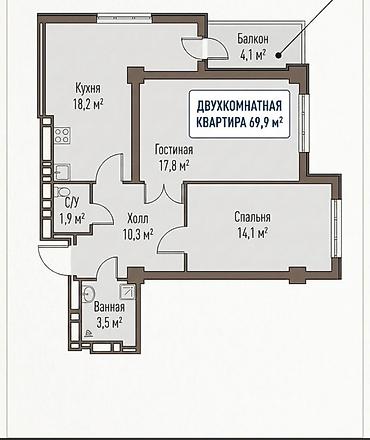 1200: 2 комнаты, 70 м², Технопарк 6 этаж, ПСО (под самоотделку) — 2