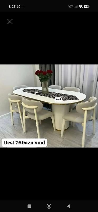 bed: Ağ rəngli, modern yemək otağı dəsti. Zərif oval masa və 6 ədəd yumşaq — 1