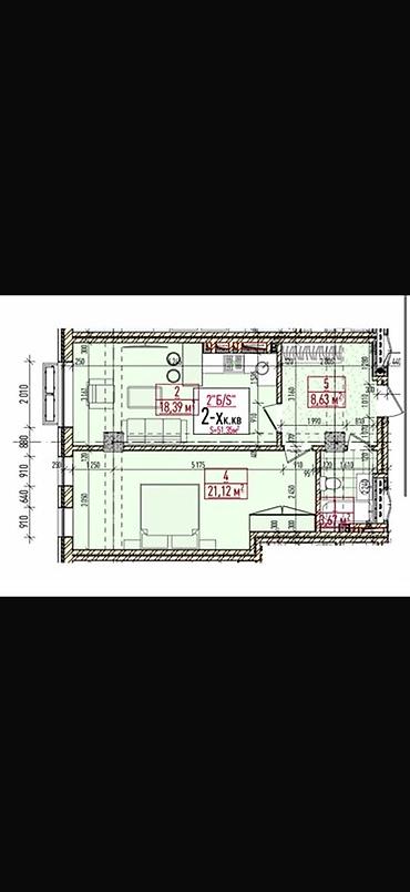 nova city: 2 комнаты, 51 м², Городское ГАИ Элитка, 5 этаж, ПСО (под самоотделку) — 1