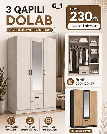 Мебель: 3 qapılı dolab – zövqlü dizayn, geniş həcm! - Ölçü: 200 × 120 × 47 sm — 1