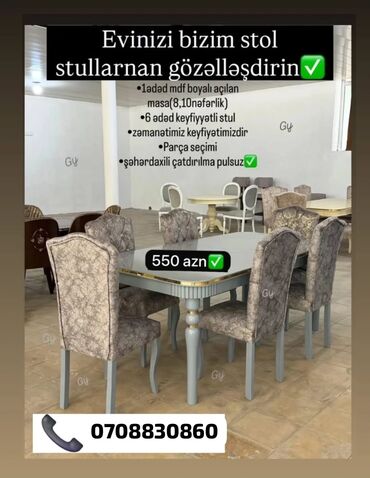 Masa və oturacaq dəstləri: Qonaq otağı üçün, Açılan, Dördbucaq masa, 6 stul