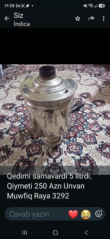 samovar cay: Qədimi samovar – 5 litr həcm. - Material: metal gövdə, naxışlı korpus — 1