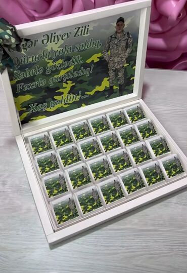 Соления: Hərbi mövzulu şokolad qutusu, ağ rəngli qutuya yerləşdirilib. Qutunun