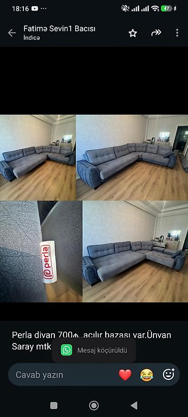 Perla divan 700₼. açılır bazası var.Ünvan Saray mtk. 0061. Fatimə99 lalafo.az -da Perla divan 700₼. açılır bazası var.Ünvan Saray mtk. 0061. Fatimə99