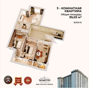 квартира аю гранд: 3 комнаты, 95 м², Элитка, 9 этаж, ПСО (под самоотделку)