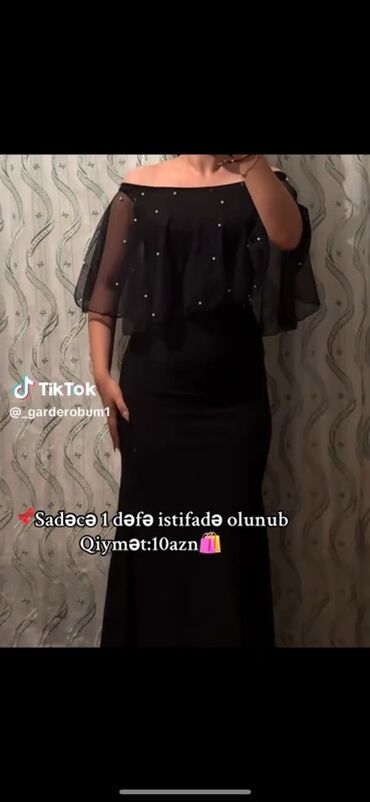 nişan donlari: Qara, “off-shoulder” (açıq çiyin) ziyafət/libas. - Üst hissədə şəffaf