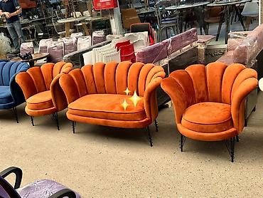 kreslo ofis: Portağal rəngli 3-lü dəst – 1 divan + 2 kreslo - Dizayn: Mid-century — 1