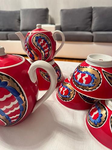 cay: Çay dəsti, rəng - Qırmızı, Farfor — 5