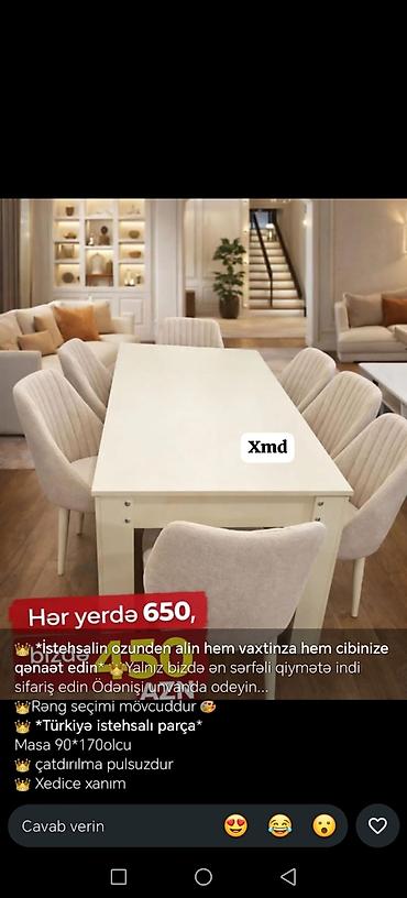 Mebel: Yemək masası və 6 ədəd stul dəsti - Masa ölçüsü: 90×170 sm - Rəng — 1